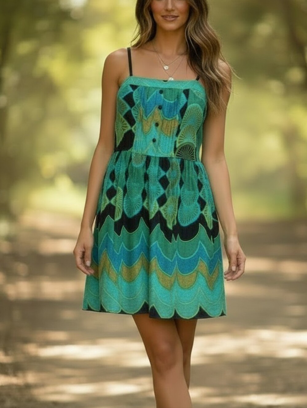Retro 70s Style Abstract Print Green Babydoll Cami Dress Mini Sundress Boho, *XS